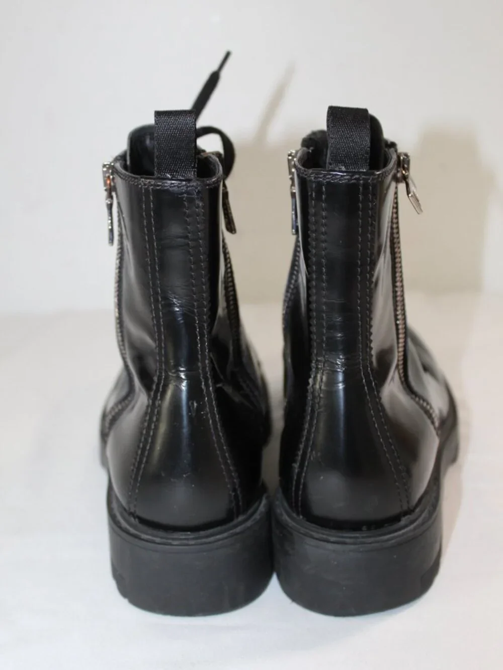 PRADA Wing Tip Brogue Combat Boots Black Leather Booties Lace Up Side Zip 39 - Picture 2 of 9